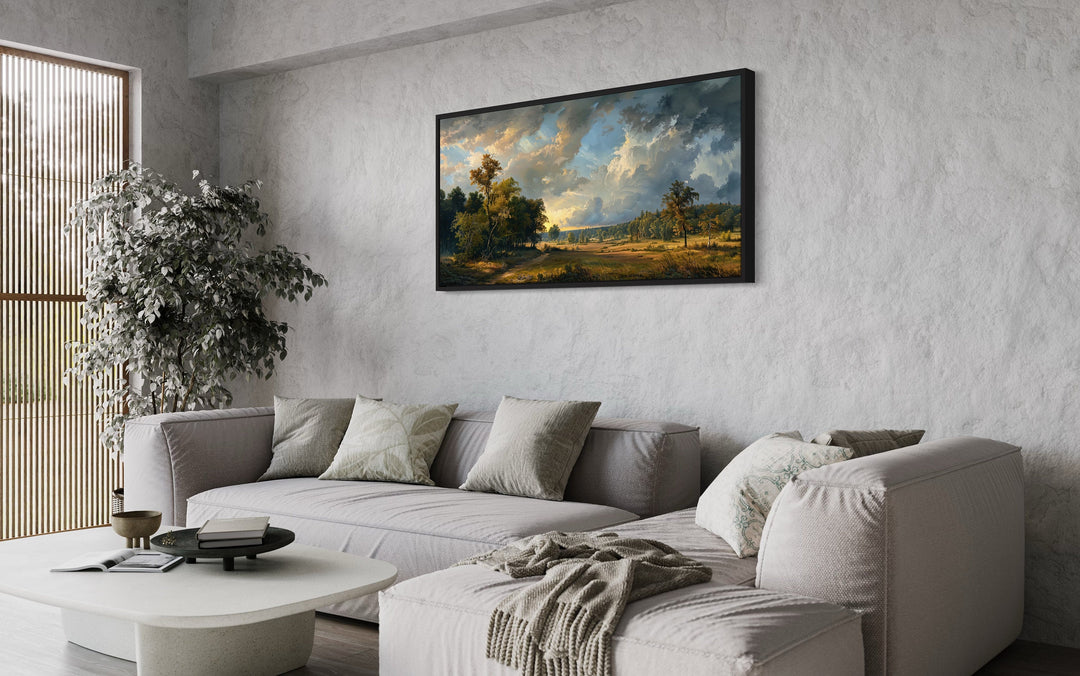 Moody Antique Style Landscape Painting Framed Canvas Wall Art above grey couch