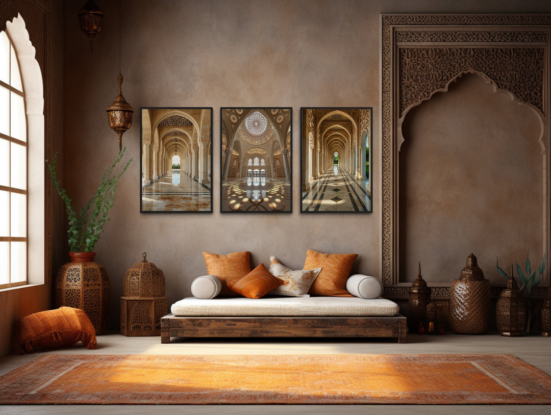 Set Of Three White Beige Middle Eastern Architecture Framed Canvas Wall Art in islamic room