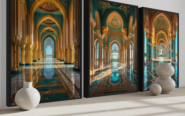 Set Of Three Green Gold Persian Architecture Framed Canvas Wall Art side view