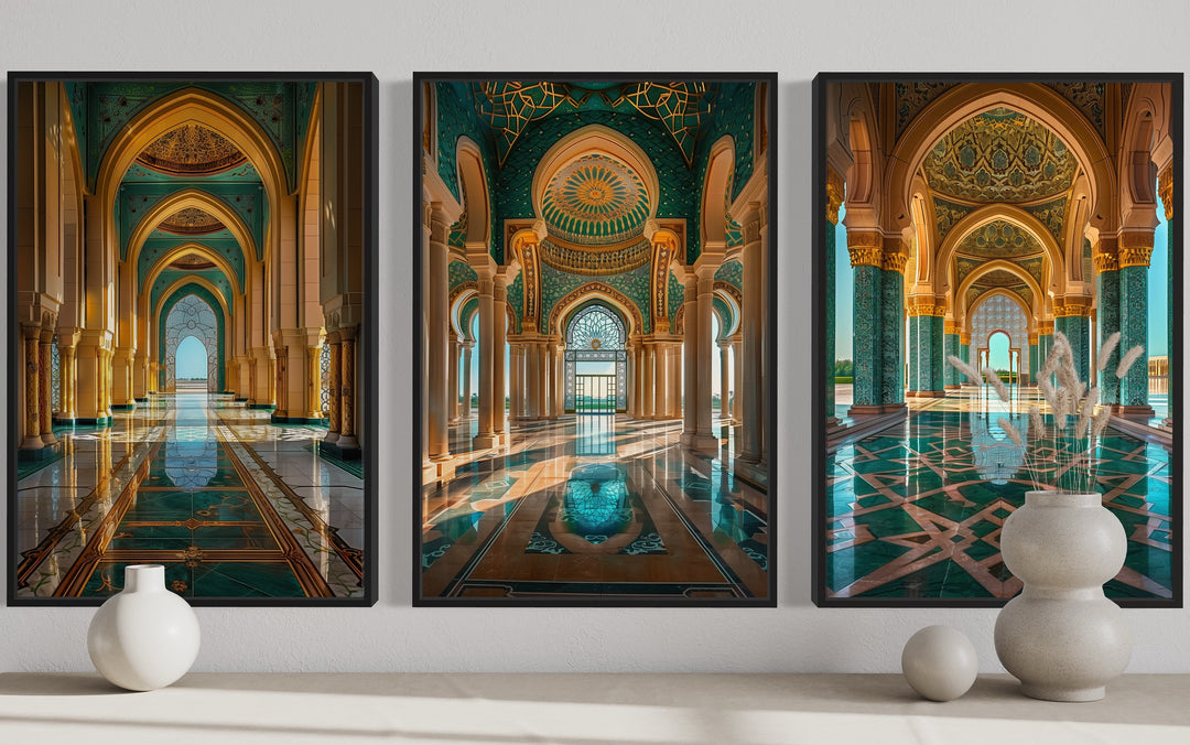 Set Of Three Green Gold Persian Architecture Framed Canvas Wall Art close up