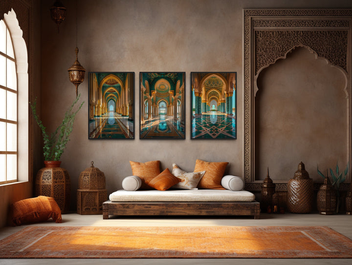 Set Of Three Green Gold islamic Architecture Framed Canvas Wall Art in living room