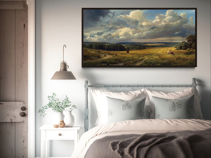 Framed Vintage Pastoral Landscape With Cows Canvas Wall Art above bed