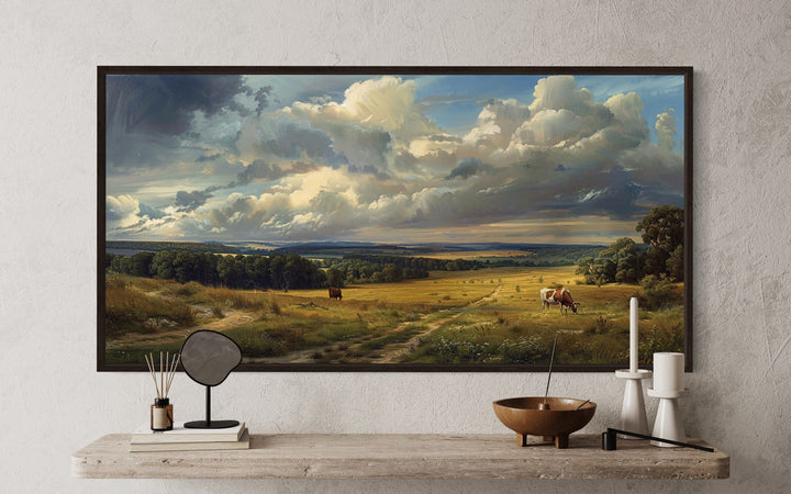 Framed Vintage Pastoral Landscape With Cows Canvas Wall Art close up