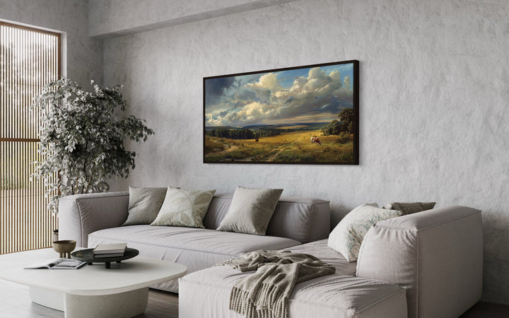Framed Vintage Pastoral Landscape With Cows Canvas Wall Art above grey couch
