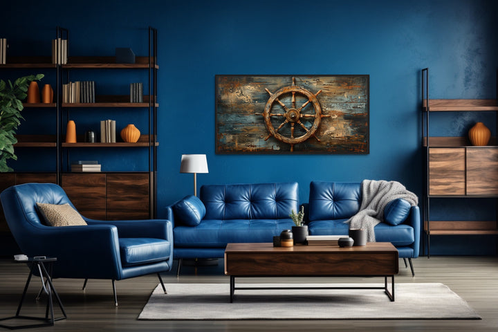 Ship's Wheel Painted On Wood Extra Large Nautical Wall Art in modern blue office
