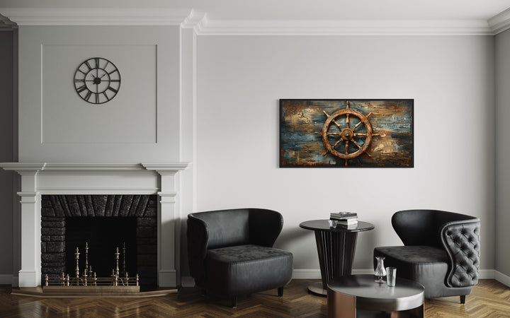 Ship's Wheel Painted On Wood Extra Large Nautical Wall Art in living room