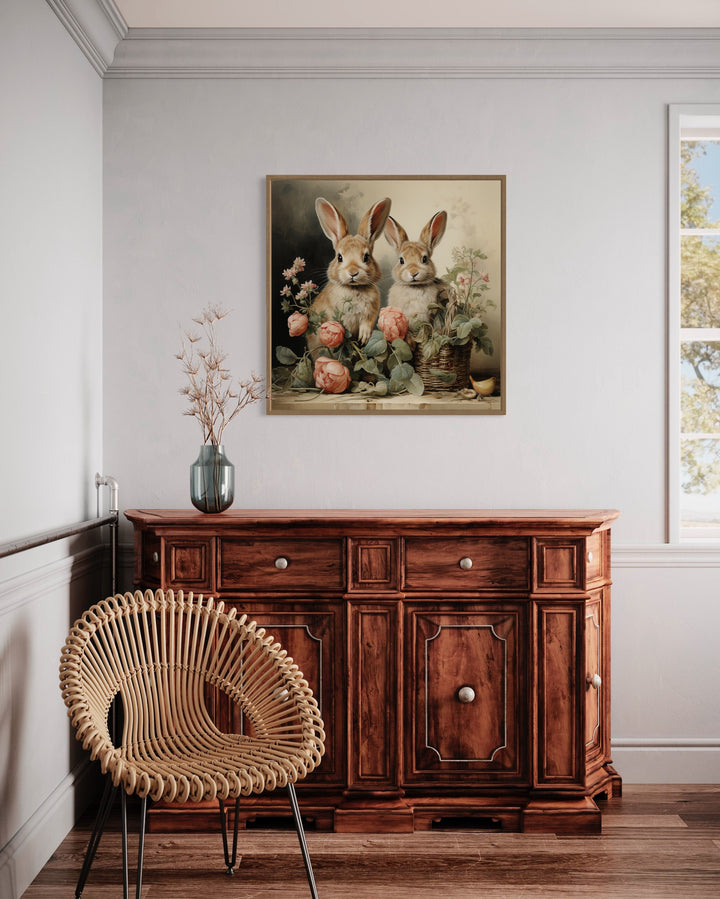 Two Bunnies And Flowers Vintage Painting Canvas Wall Art above table