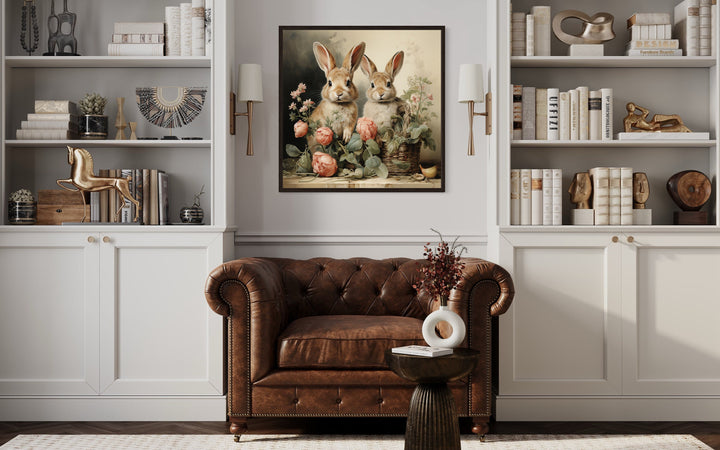 Two Bunnies And Flowers Vintage Painting Canvas Wall Art