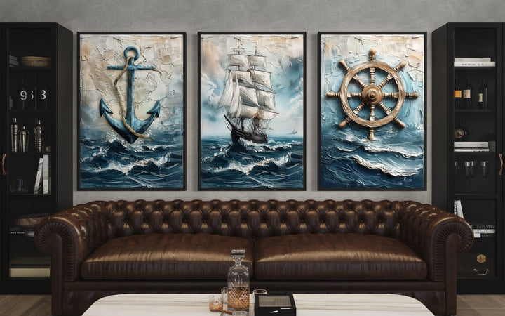 3 Piece Nautical Paintings Of Sail Ship, Helm Wheel and Anchor Wall Art in living room