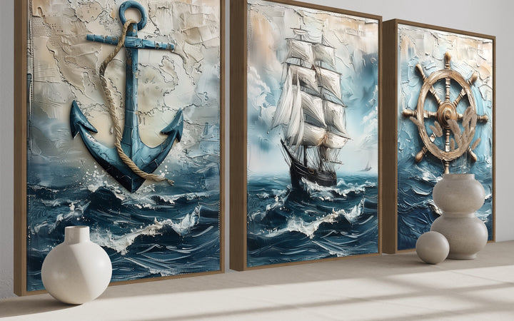 3 Piece Nautical Paintings Of Sail Ship, Helm Wheel and Anchor Wall Art side view