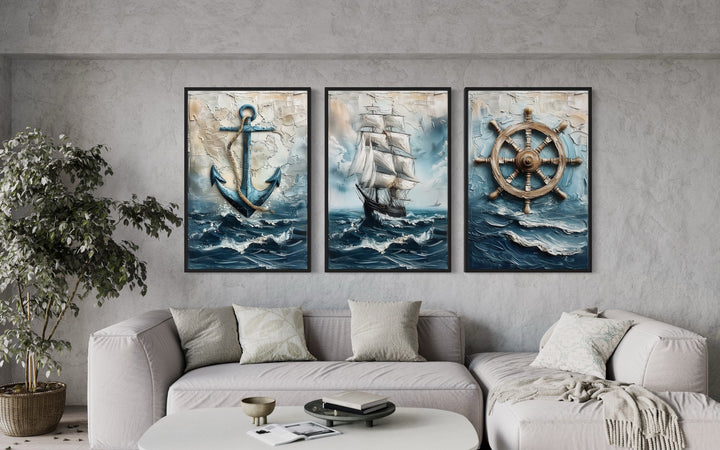 3 Piece Nautical Paintings Of Sail Ship, Helm Wheel and Anchor Wall Art