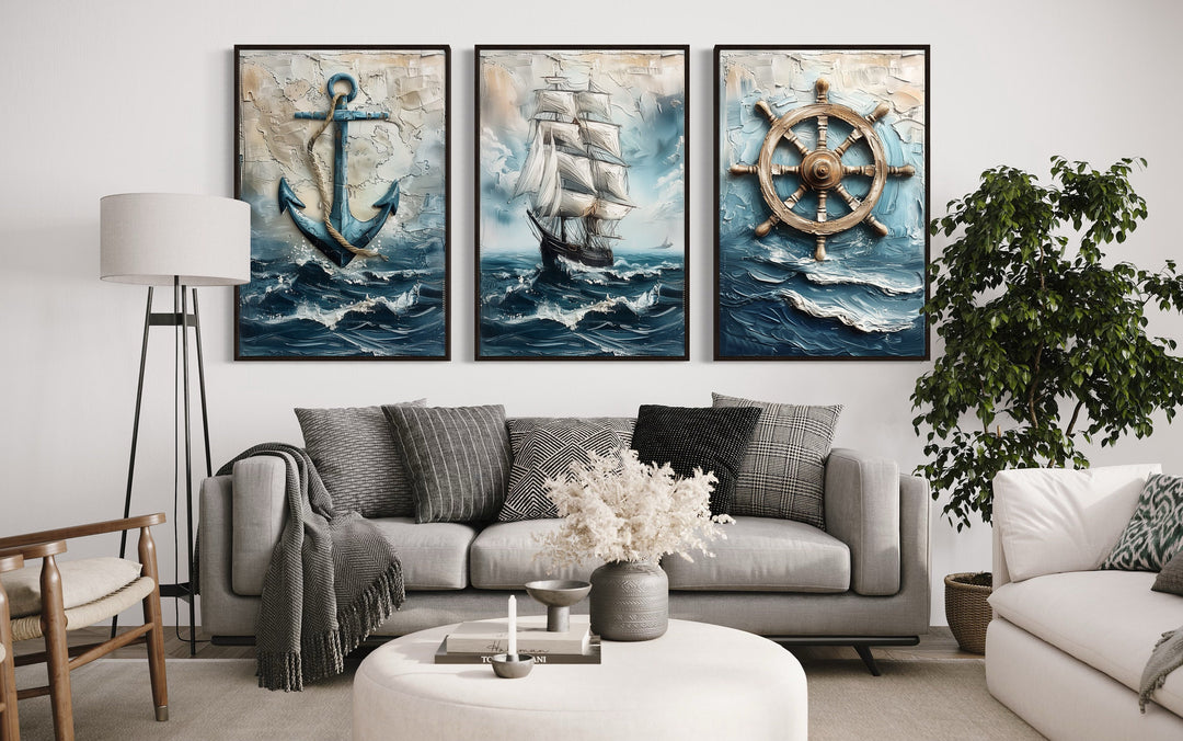 3 Piece Nautical Paintings Of Sail Ship, Helm Wheel and Anchor Wall Art above grey couch