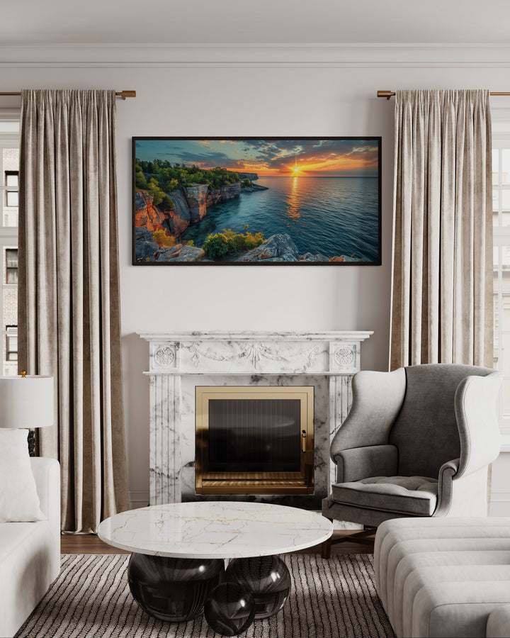 Lake Superior Sunset Photo Style Framed Canvas Wall Art above fireplace