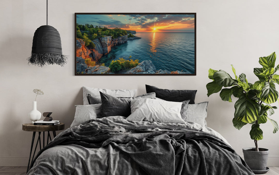 Lake Superior Sunset Photo Style Framed Canvas Wall Art above bed