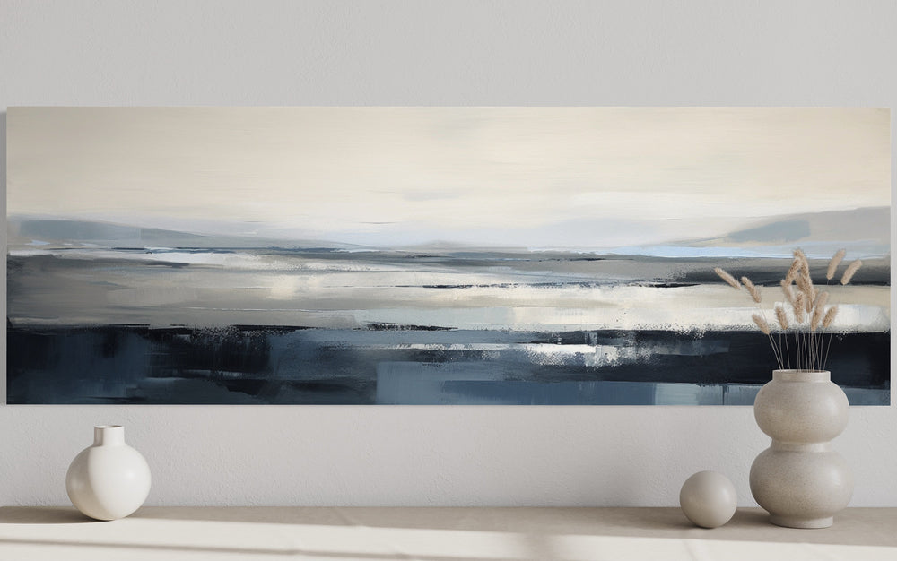 Navy Blue Grey Abstract Ocean Long Horizontal Above Bed Wall Art close up