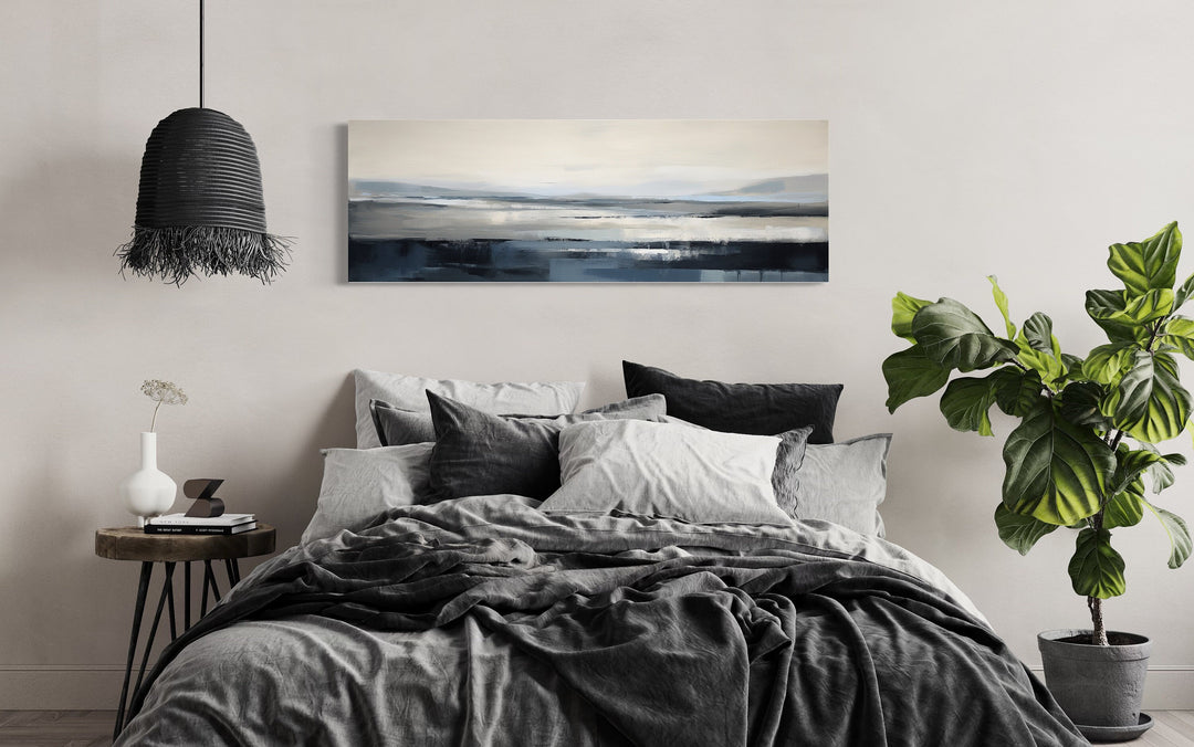 Navy Blue Grey Abstract Ocean Long Horizontal Above Bed Wall Art
