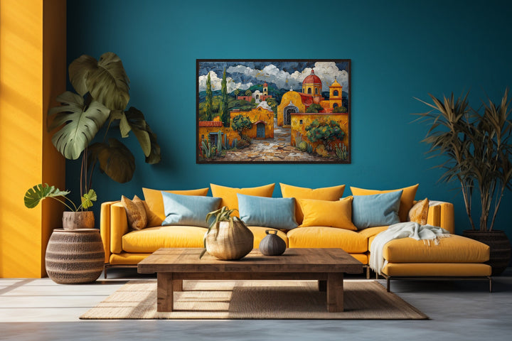 Izamal City Mexican Wall Art above yellow couch