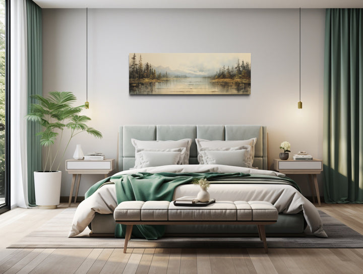 Vintage Neutral Lake Landscape Long Horizontal Wall Art above bed