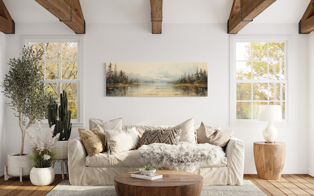 Vintage Neutral Lake Landscape Long Horizontal Wall Art in living room