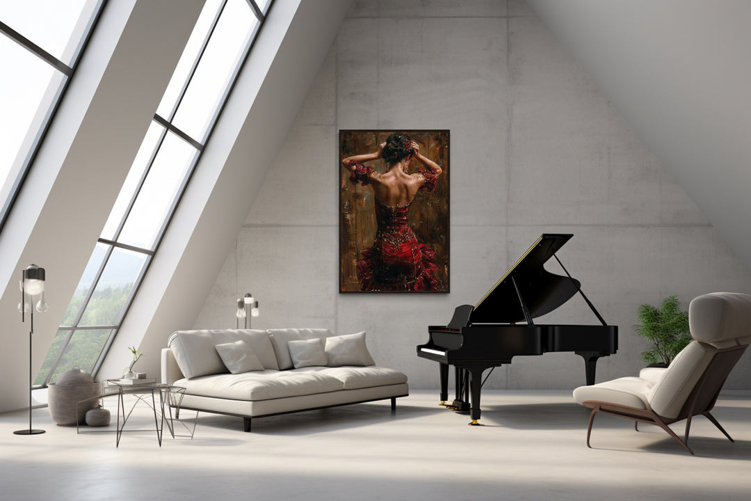 Flamenco Dancer In Red Dress Framed Canvas Wall Art in music room