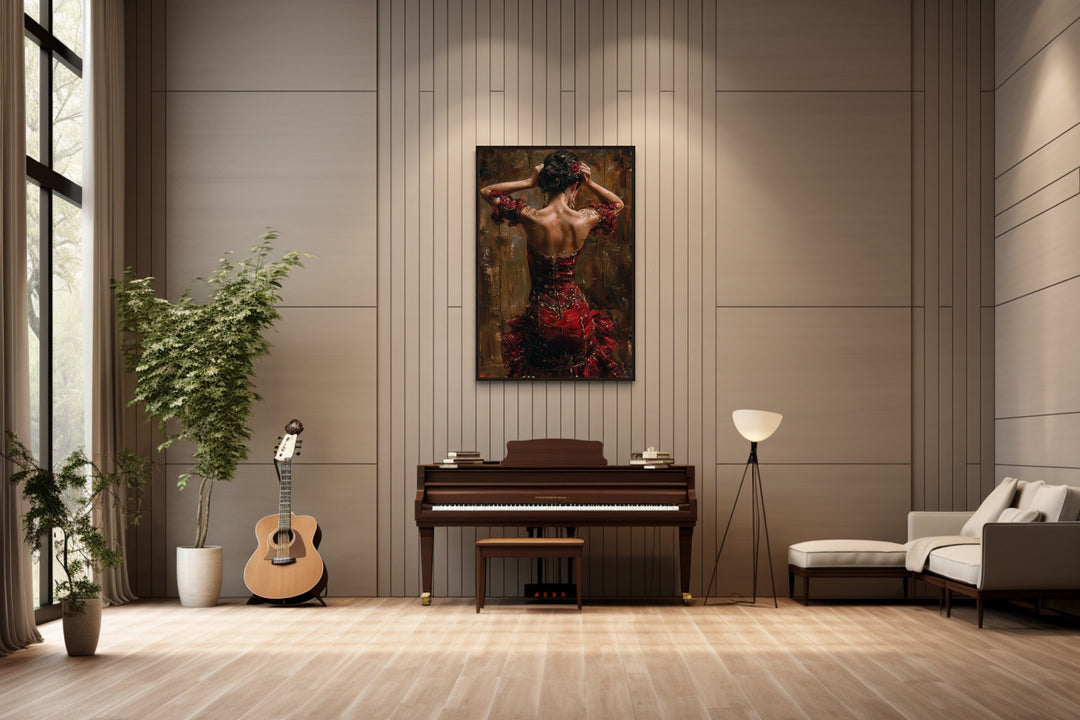 Flamenco Dancer In Red Dress Framed Canvas Wall Art in music room