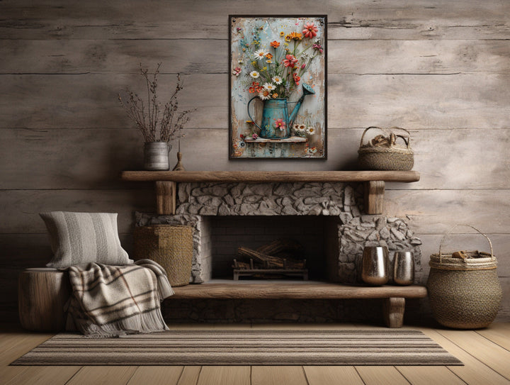 Watering Can With Flowers Vintage Farmhouse Wall Art above fireplace