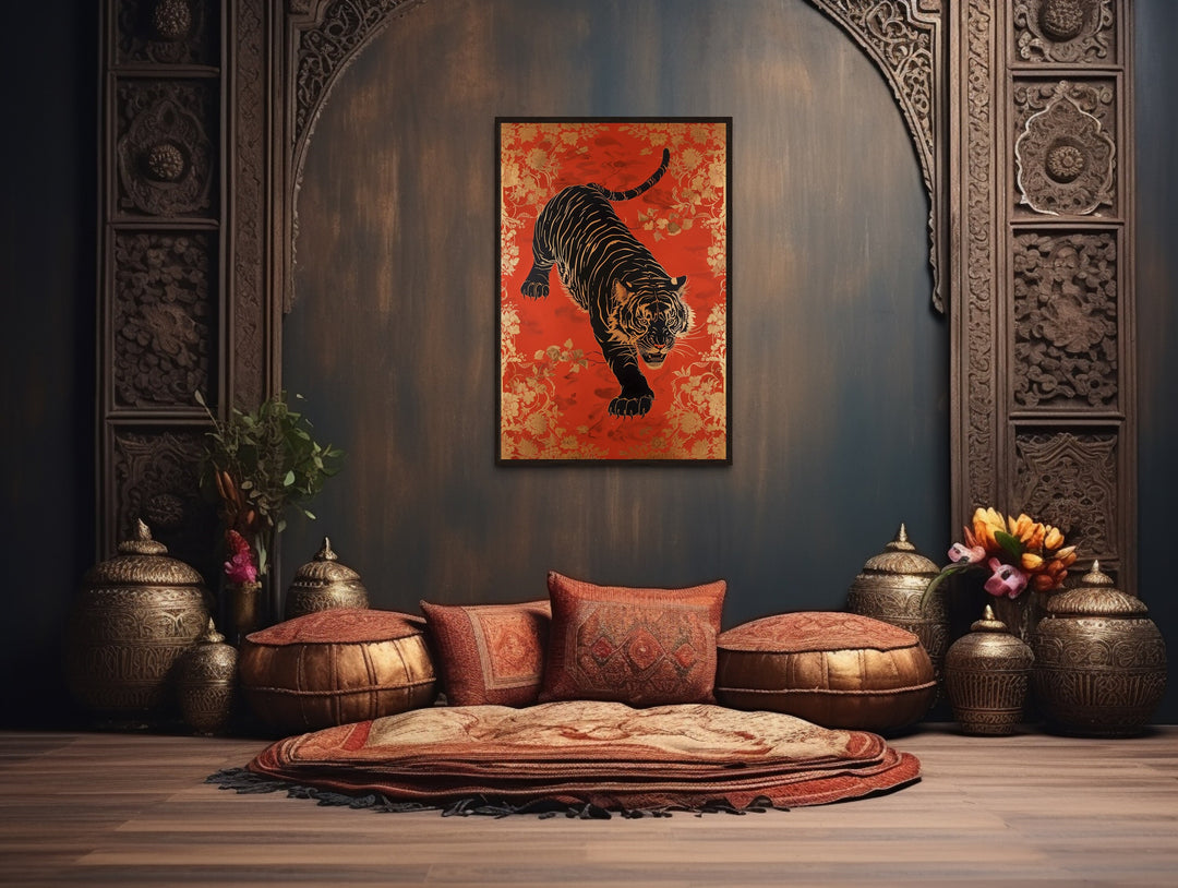 Traditional Indian Tiger Wall Art On Red Background Painting over pillows