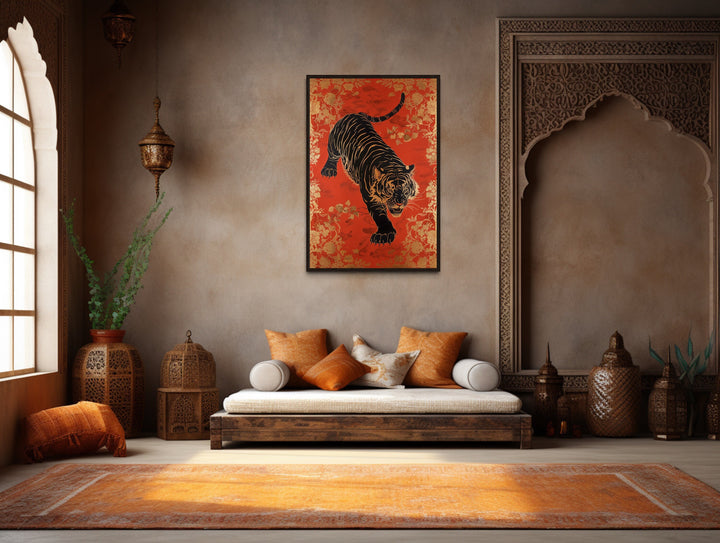 Traditional Indian Tiger Wall Art On Red Background Painting in beautiful indian room