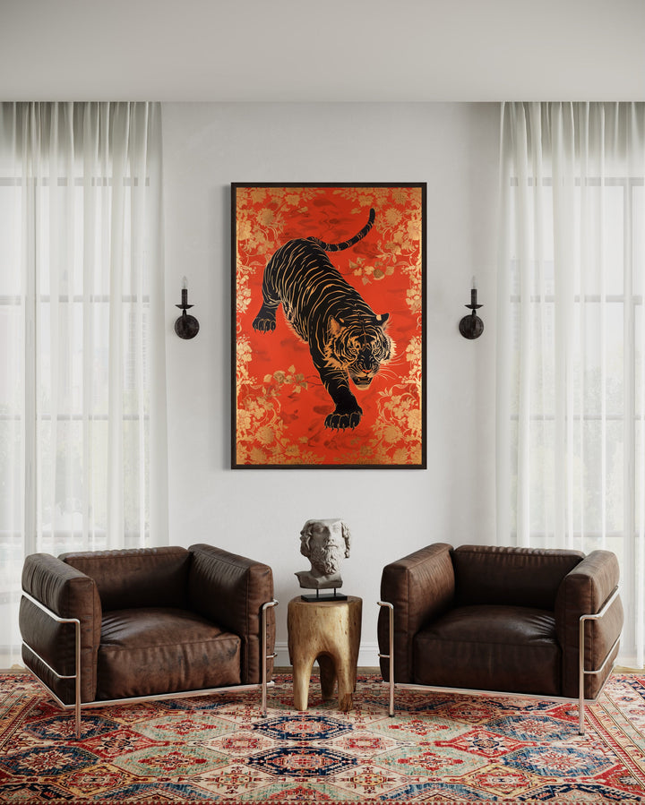 Traditional Indian Tiger Wall Art On Red Background Painting in modern roon