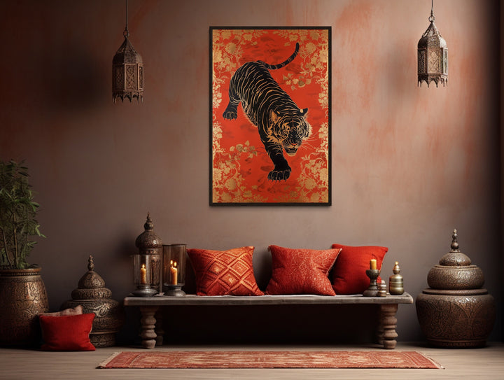 Traditional Indian Tiger Wall Art On Red Background Painting over red pillows
