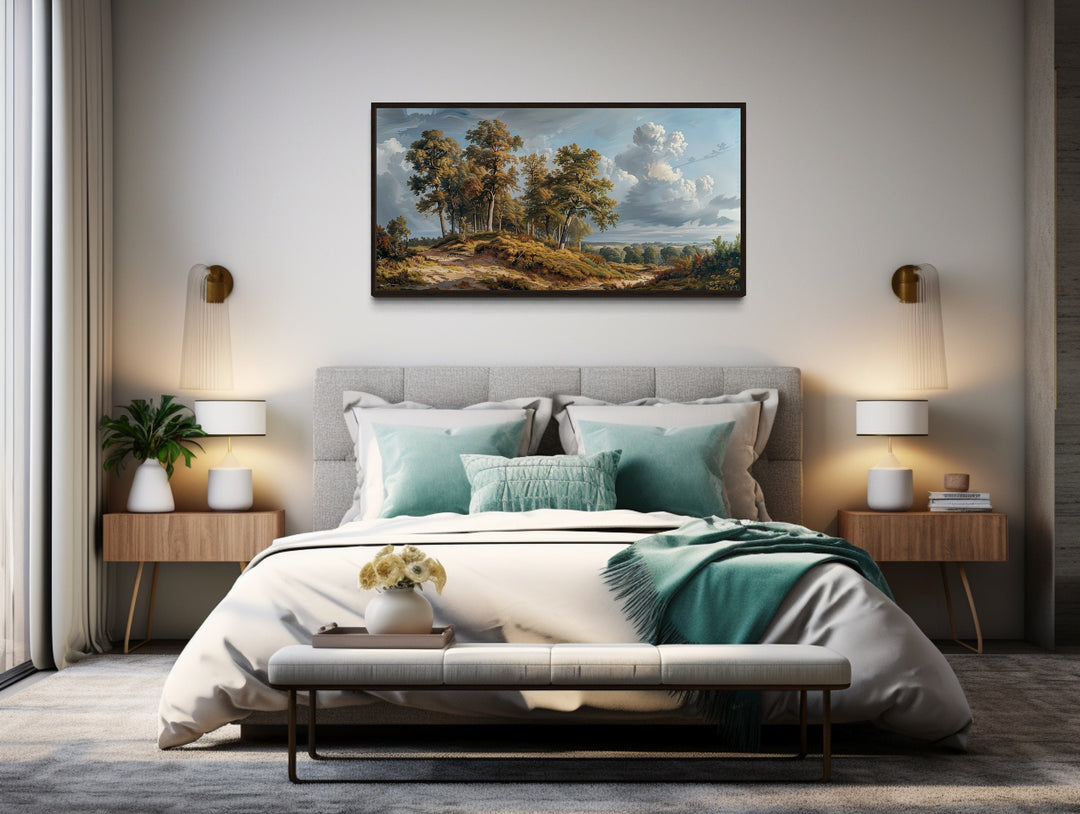 Antique Style Landscape Nature Trees Framed Canvas Wall Art above bed