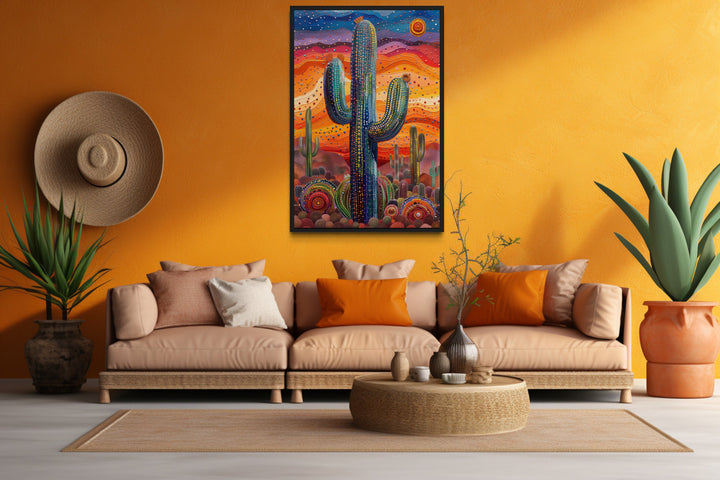 Colorful Cactus wall art above brown couch