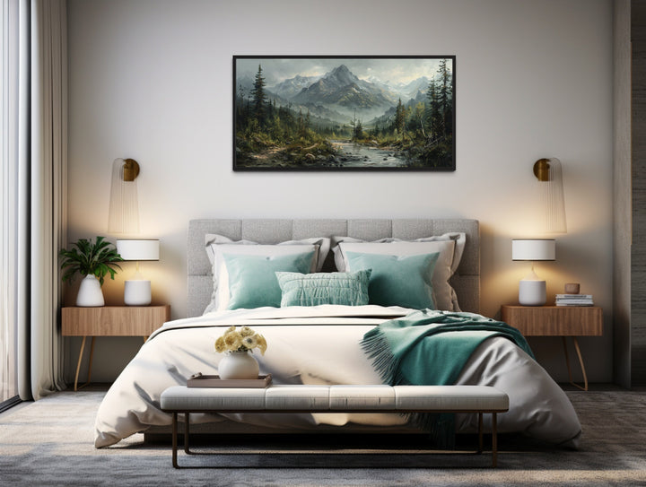 Mountain River Landscape Antique Style Framed Canvas Wall Art above bed