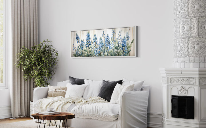 Blue Wildflowers Above Bed Horizontal Wall Decor above white couch