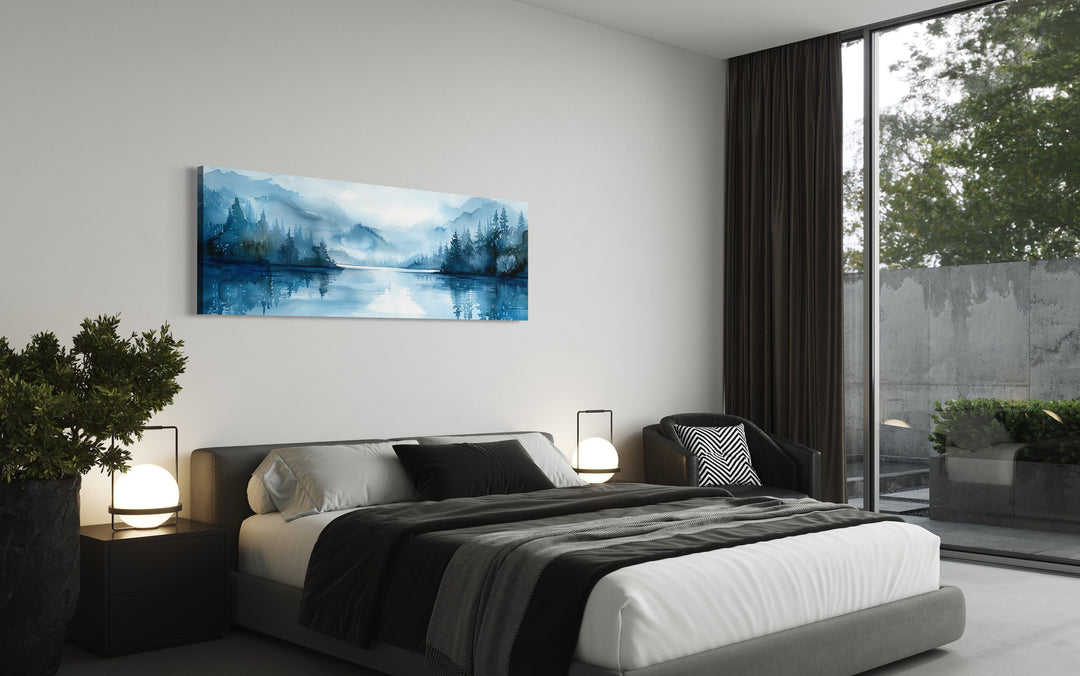 Navy Blue Lake Landscape Long Narrow Horizontal Wall Art above bed