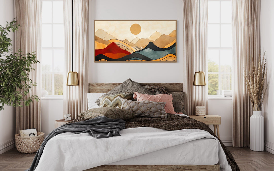 Mid Century Modern Extra Large Mountain Canvas Wall Art above bed