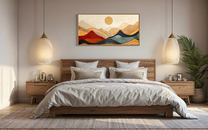 Mid Century Modern Extra Large Mountain Canvas Wall Art above bed