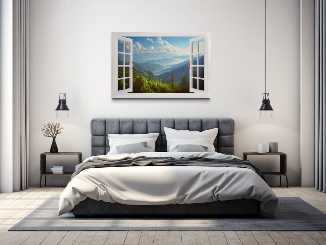 Great Smokey Mountains Open Window wall art above bed