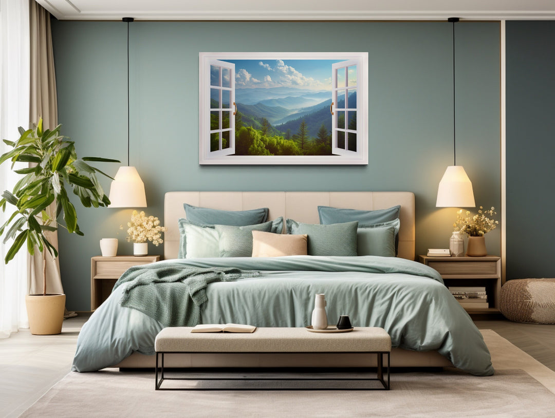 Great Smokey Mountains Open Window wall art above bed