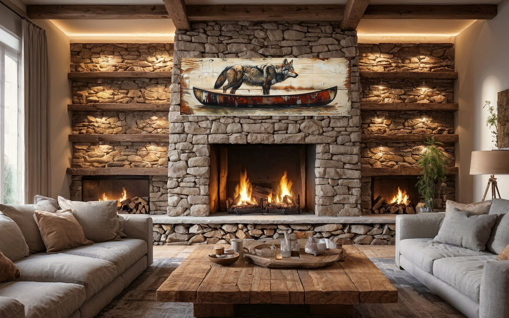 Rustic Wolf In Canoe Long Horizontal Framed Canvas Wall Art above fireplace