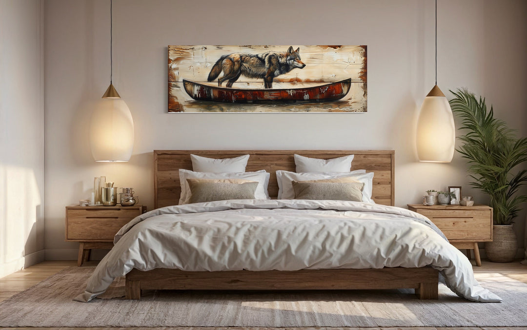 Rustic Wolf In Canoe Long Horizontal Framed Canvas Wall Art