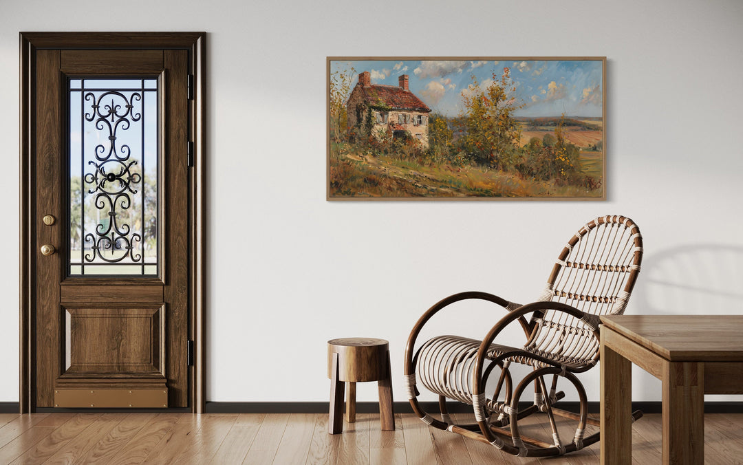 Pastoral Summer Landscape With House Antique Style Framed Framed Canvas Wall Art in large antique room