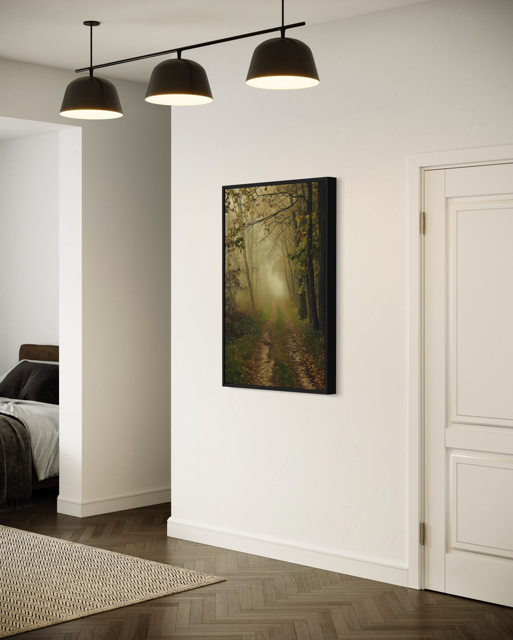 Moody Foggy Autumn Forest Framed Canvas Wall Art in living room