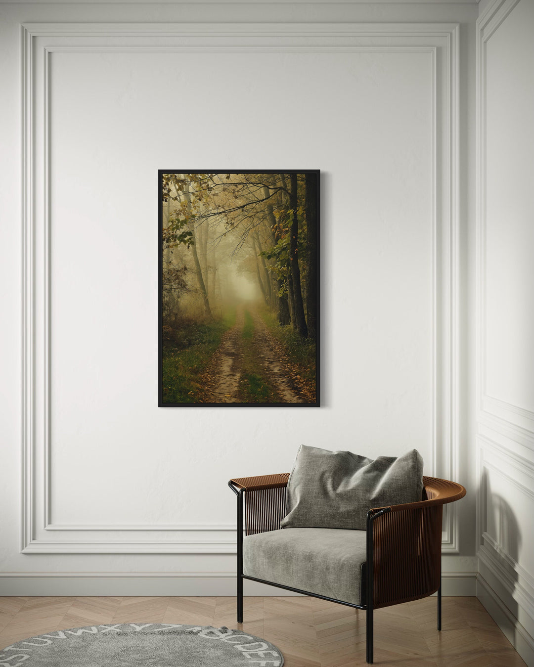 Moody Foggy Autumn Forest Framed Canvas Wall Art on the wall