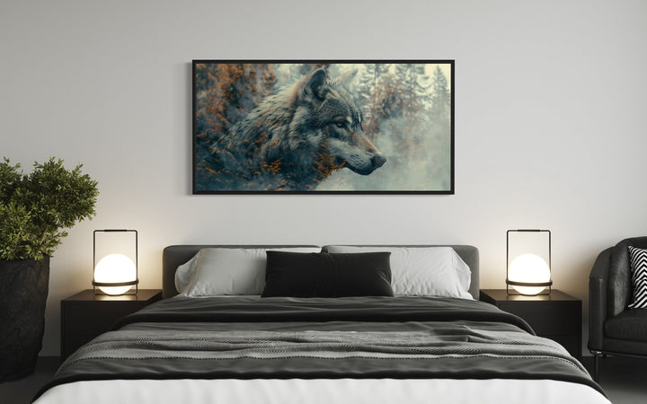 Wolf And Forest Double Exposure Framed Canvas Wall Art above bed