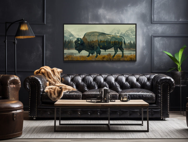 American Bison and Mountain Grasslands Landscape Double Exposure Wall Art