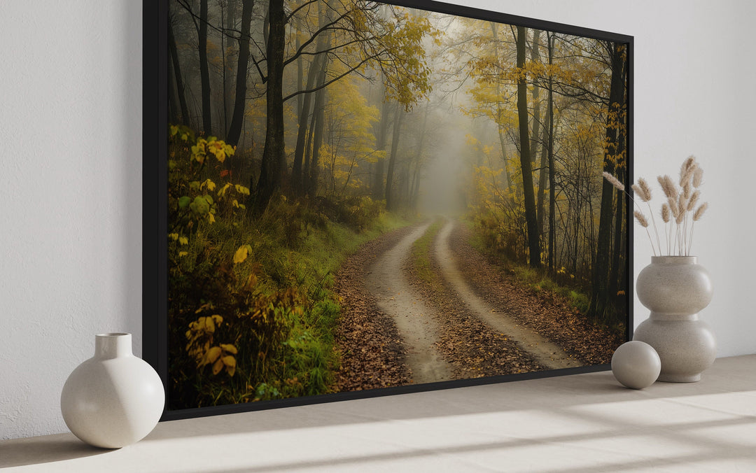 Moody Foggy Autumn Forest Framed Canvas Wall Art side view