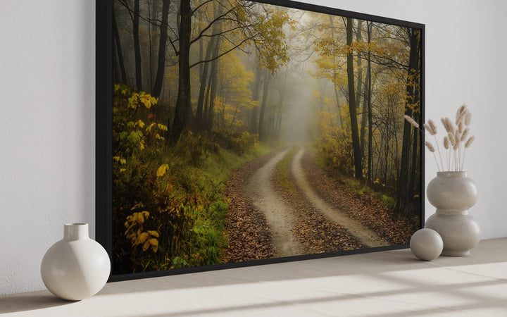 Moody Foggy Autumn Forest Framed Canvas Wall Art side view