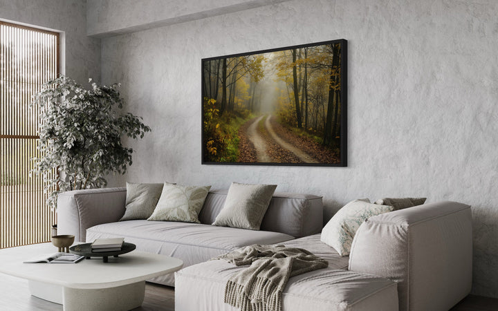 Moody Foggy Autumn Forest Framed Canvas Wall Art in living room