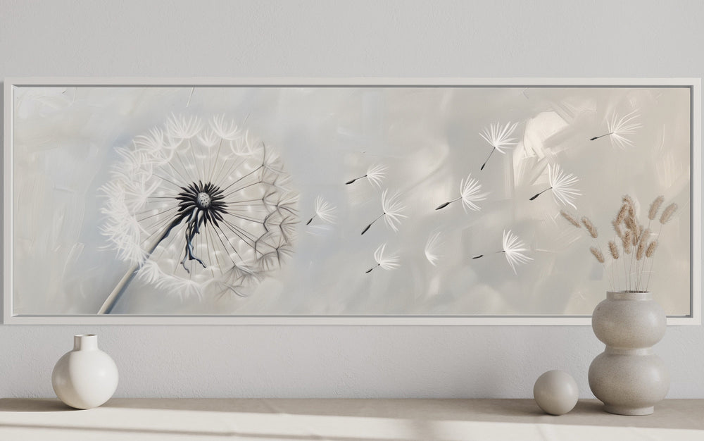 Dandelion Boho Grey White Long Horizontal Framed Canvas Wall Art close up